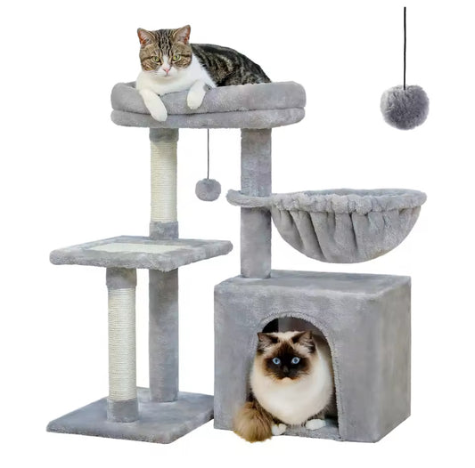 Arbre à Chat d’Intérieur – Tour avec Hamac, Griffoirs et Perche Amovible (Gris)
