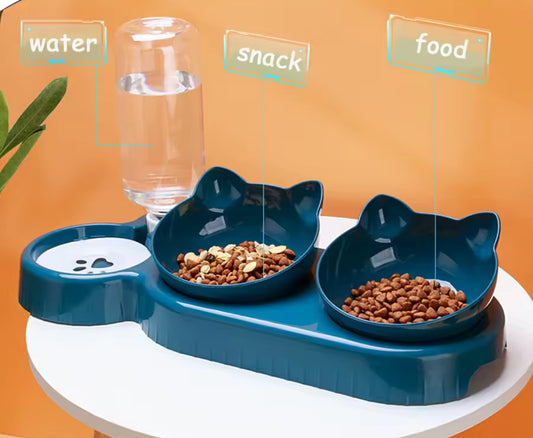 Mangeoire Triple pour Chats – Bols Inclinés 2 en 1 avec Fontaine Automatique